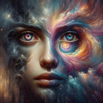 The primary subject of the image is a woman with two faces, one on the left and one on the right. The setting is a colorful, swirling background that adds a vibrant and dynamic atmosphere to the scene. The visual style is a combination of digital art and illustration, creating a unique and eye-catching representation of the woman. The colors and mood are lively and energetic, with the woman's faces and the swirling background creating a sense of movement and liveliness.